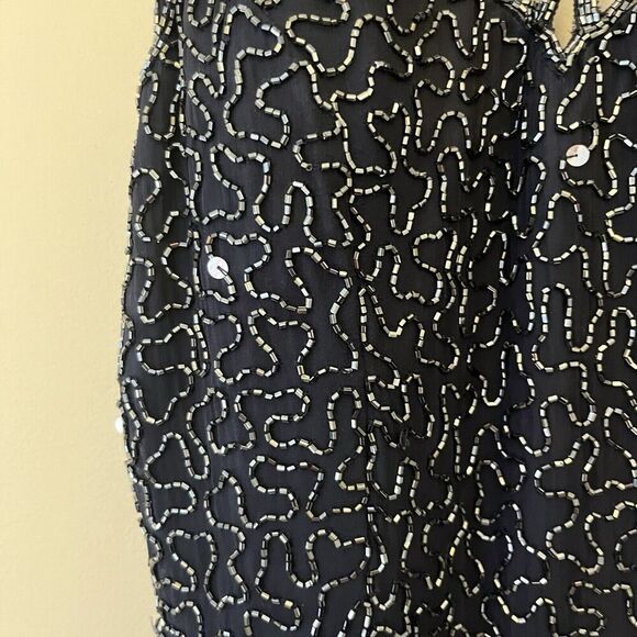 Scala Navy Blue Sleeveless Beaded Gown Maxi Long L Silk Women’s Formal Wedding - Picture 9 of 16